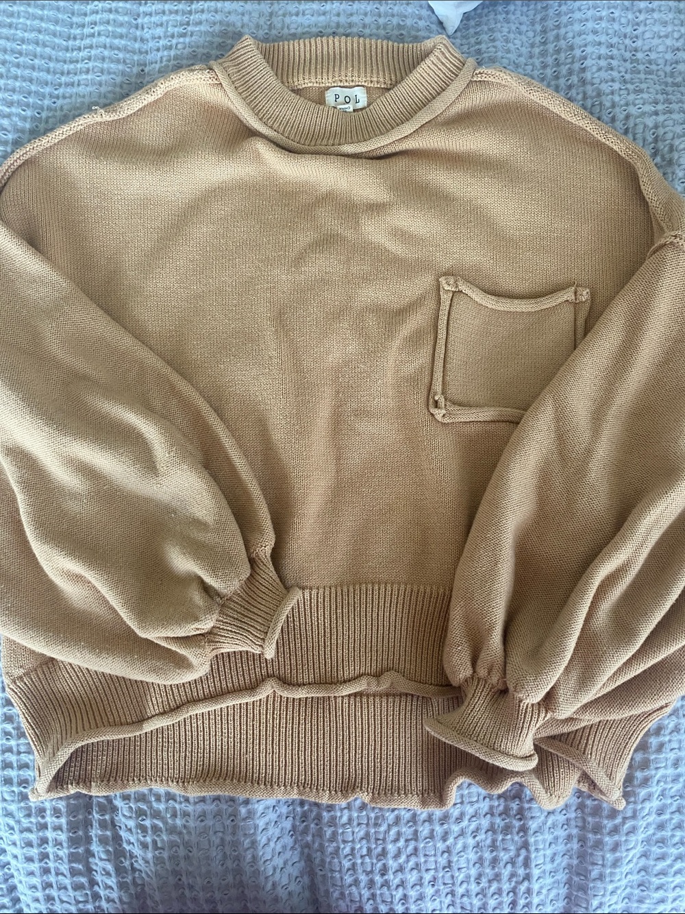 POL Camel Crewneck Sweater with Balloon Sleeves